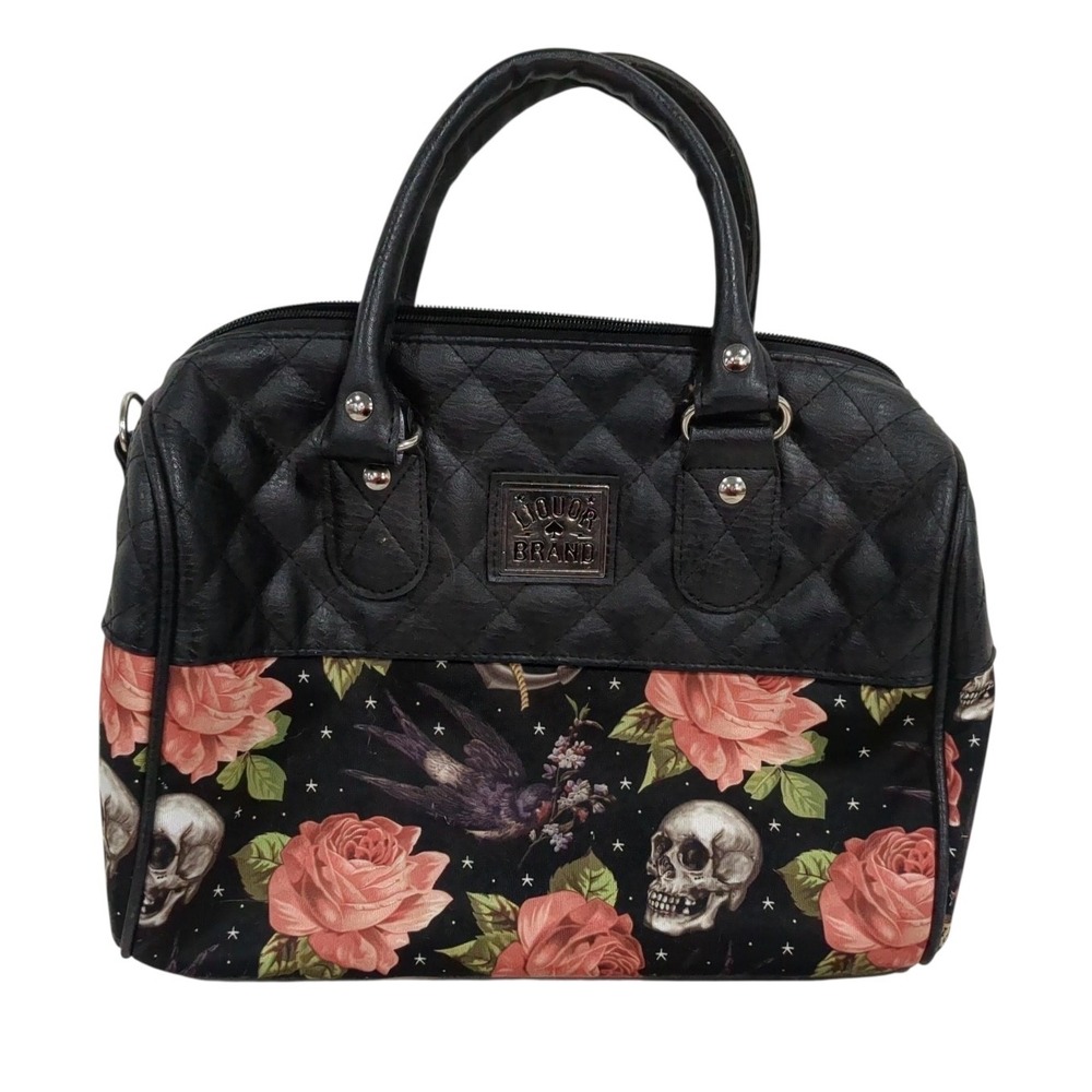 Liquor Brand Skull Rose Satchel Handbag Quilted Black Gothic‎ Punk